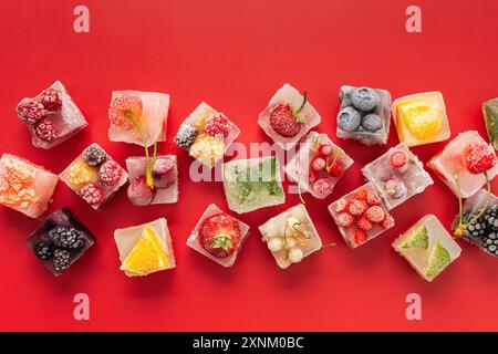 Sfondo rosso con cubetti di ghiaccio con frutti di bosco surgelati, frutta e menta Foto Stock