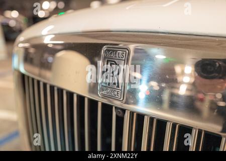 Primo piano del logo Rolls Royce sulla griglia frontale di un veicolo a Walnut Creek, California, 4 giugno 2024. (Foto di Smith Collection/Gado/Sipa USA) Foto Stock