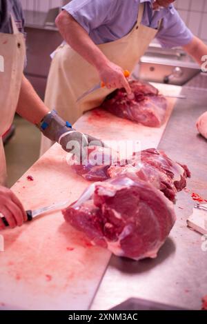 Macelleria che taglia e lavora carne biologica su un piano di lavoro in una cucina professionale. La scena prevede un preciso lavoro di coltello, abilità e attenzione ai dettagli, evidenziando la dedizione alla preparazione della carne di qualità. Foto Stock