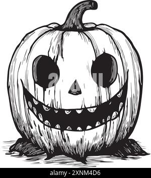 Inquietante illustrazione di zucca scolpita in bianco e nero vintage per le celebrazioni di Halloween Illustrazione Vettoriale