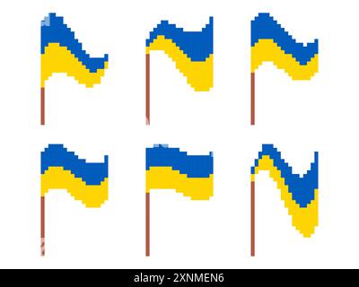 L'icona della bandiera Ucraina pixel è stata impostata su sfondo bianco. Sventolando bandiera Ucraina in stile grafico retrò a 8 bit degli anni '80 Design in pixel art sty Illustrazione Vettoriale