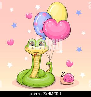 Carino serpente cartoni animati con palloncini e lumaca. Illustrazione vettoriale di un animale su sfondo rosa con cuori e stelle. Illustrazione Vettoriale