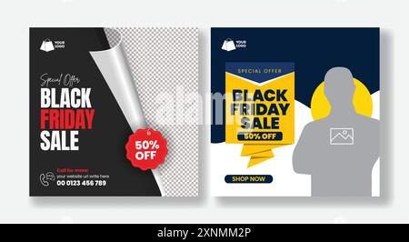Gli sconti del Black Friday offrono post sui social media, banner, modello di annunci e volantini quadrati o design di modelli per poster Illustrazione Vettoriale