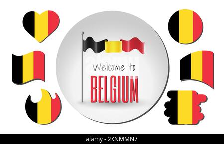 Sventolando bandiera del Belgio in vettoriale con l'iscrizione benvenuto in Belgio! Versioni diverse della bandiera a forma di cuore, cerchio, arco, ecc. Illustrazione Vettoriale
