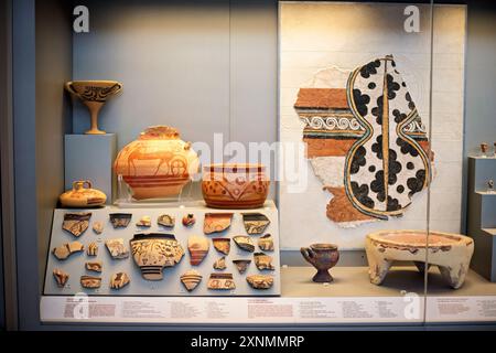 Museo Archeologico Nazionale Antica ceramica greca Atene | ATENE, Grecia — ceramica pittorica micenea, frammenti dipinti e un pannello di affreschi dell'Acropoli di Micene riempiono una vetrina presso il Museo Archeologico Nazionale. Le navi in stile pittorico, realizzate a Berbati in Argolide nel corso del XIV-XII secolo a.C. e una volta esportate fino a Cipro, mostrano carri, cavalli, uccelli e pesci, accanto a un rituale dipinto che offre una tavola e una giara di stirrup. Foto Stock