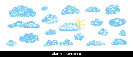 Set di nuvole a matita astratte. Cartoon disegnato a mano cielo nuvoloso e sole. Illustrazione vettoriale della raccolta di contorni blu su sfondo bianco. Imitazione di Illustrazione Vettoriale