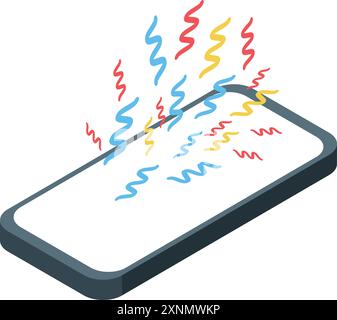 Lo smartphone moderno emette segnali colorati, simboleggiando forti radiazioni elettromagnetiche Illustrazione Vettoriale