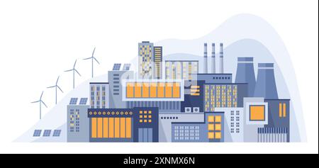 Concetto di autosufficienza energetica. Efficienza energetica e sostenibilità. Produzione e consumo di energia elettrica Illustrazione Vettoriale