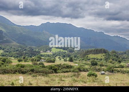 Cottage e fattorie viste dalle scogliere dell'Inferno, Ribadesella, Asturie orientali, Spagna Foto Stock