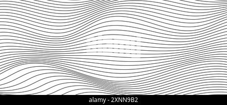 Linee ondulate sfondo astratto, sottili strisce nere ondulate con effetto ottico del movimento. Illustrazione Vettoriale