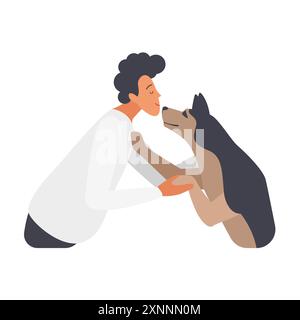 Un giovane abbraccia amorevolmente il suo grande e soffice cane, mostrando il legame tra animale domestico e proprietario. L'immagine raffigura l'affetto e la compagnia in un momento cupo. Illustrazione Vettoriale