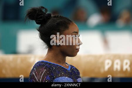 Parigi, Francia. 1 agosto 2024. Parigi, Francia. 1° agosto 2024. USA Simone Biles durante la finale a tutto tondo femminile. Alla Bercy Arena durante il sesto giorno dei Giochi Olimpici di Parigi 2024, Parigi, Francia. Crediti: Adam Stoltman/Alamy Live News Foto Stock