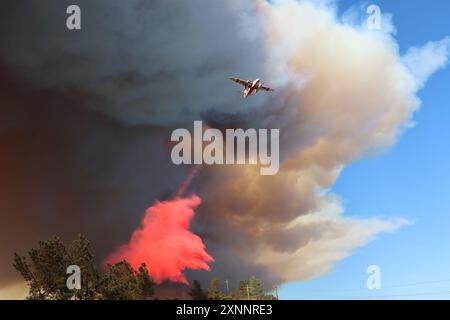 Chico, California, Stati Uniti. 1° agosto 2024. L'aereo cade in rosa. I vigili del fuoco continuano a combattere il fuoco del parco fuori Chico, nelle contee di Butte e Tehama della California settentrionale. Il Park Fire ha ora bruciato oltre 392.480 acri, rendendolo il quinto più grande incendio nella storia della California. (Immagine di credito: © Cal Fire/Wildfire Image) SOLO PER USO EDITORIALE! Foto Stock