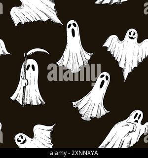 Vector halloween spaventoso motivo fantasma senza cuciture. Illustrazione della silhouette del fantoccio lineare dipinta a mano. Mostri spettrali monocromatici per tatuaggi, magi Illustrazione Vettoriale
