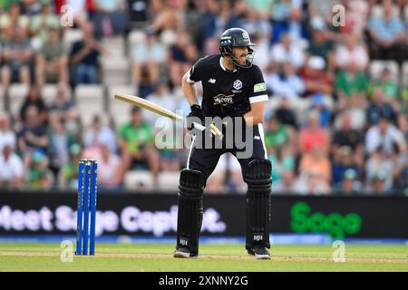 Southampton, Regno Unito. 1° agosto 2024. Jamie Overton dei Manchester Originals batte durante il Hundred Men's Match tra Southern Brave e Manchester Originals all'Utilita Bowl. Crediti: Dave Vokes/Alamy Live News Foto Stock