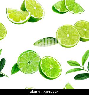 Il motivo acquerello presenta fette e foglie di lime, perfette per design freschi e agrumati Foto Stock