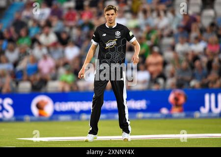 Southampton, Regno Unito. 1° agosto 2024. Scott Currie dei Manchester Originals durante il Hundred Men's Match tra Southern Brave e Manchester Originals all'Utilita Bowl. Crediti: Dave Vokes/Alamy Live News Foto Stock