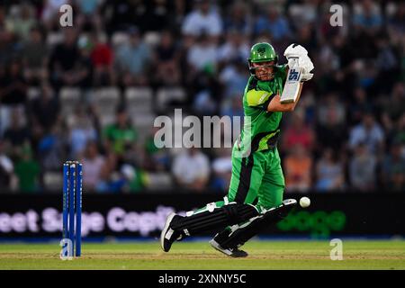 Southampton, Regno Unito. 1° agosto 2024. Laurie Evans di Southern Brave batting durante il Hundred Men's Match tra Southern Brave e Manchester Originals all'Utilita Bowl. Crediti: Dave Vokes/Alamy Live News Foto Stock