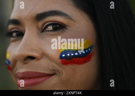 Brasilia, Brasile. 1 agosto 2024. DF - BRASILIA - 08/01/2024 - BRASILIA, VENEZUELANI PROTESTANO CONTRO I RISULTATI ELETTORALI DEL VENEZUELA - i cittadini venezuelani partecipano a una protesta contro i risultati elettorali che hanno dato al presidente del Venezuela Nicolas Maduro un terzo mandato e chiedono al governo brasiliano che sostiene la democrazia, di fronte all'Itamaraty Palace a Brasilia, Brasile, il 1° agosto 2024. Foto: Mateus Bonomi/AGIF (foto di Mateus Bonomi/AGIF/Sipa USA) credito: SIPA USA/Alamy Live News Foto Stock