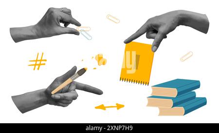 Ritorno a scuola collage con le mani mezzitoni. Cartoline, notebook, banner di design di tendenza. Illustrazione vettoriale. Illustrazione Vettoriale