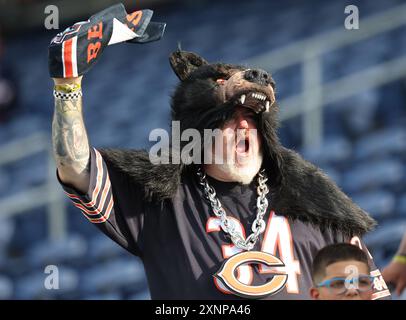 Canton, Stati Uniti. 1 agosto 2024. Un tifoso dei Chicago Bears applaude prima dell'inizio della partita della Pro Football Hall of Fame contro gli Houston Texans a Canton, Ohio, giovedì 1 agosto 2024. Foto di Aaron Josefczyk/UPI credito: UPI/Alamy Live News Foto Stock