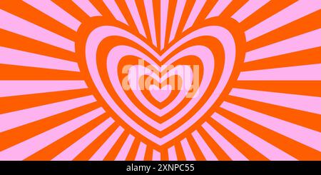 Sfondo psichedelico retrò trippy. Cuore rosso e rosa con carta da parati ray burst. Poster a tunnel hippie colorato d'epoca. Concetto di vibrazione dell'amore ipnotico. Sfondo Vector valentine Illustrazione Vettoriale