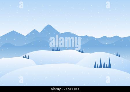 Illustrazione vettoriale del paesaggio invernale delle montagne innevate con colline e pini, alberi invernali e alberi di Chistmas con neve su sfondo blu isolato co Illustrazione Vettoriale