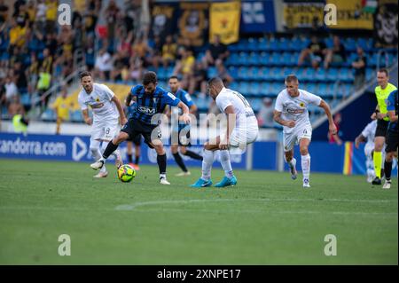 Andorra la Vella, Andorra : 18 luglio 2024 : giocatori in azione durante il secondo turno di qualificazione - 2a tappa della UEFA Europa Conference League Qualificat Foto Stock