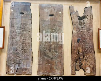 Cairo, Egitto, 31 dicembre, 2019-pannelli in legno che mostrano i rilievi della tomba di Esire, capo scriba reale e dentista durante il regno di Djoser a Saqqara presso il Museo delle antichità egizie del Cairo, Egitto Foto Stock