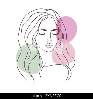 Disegno estetico Beautiful Girl Face disegnato a mano in stile Line Art con colore di riempimento viola verde Illustrazione Vettoriale