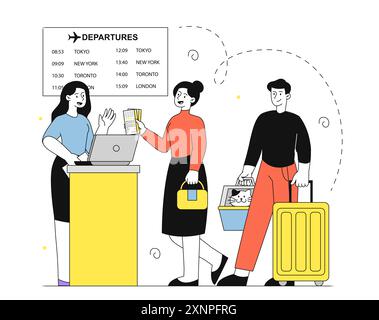 Persone all'aeroporto. Uomo e donna con valigia vicino alla reception dell'aeroporto. Viaggiatori e turisti in coda. Volo, viaggio e viaggio. Vettore lineare Illustrazione Vettoriale