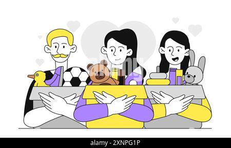 Persone con scatole per donazioni. Uomo e donna con scatole di cartone di libri e giocattoli. Generosità e carità, gentilezza. Attivisti del fondo di beneficenza e. Illustrazione Vettoriale