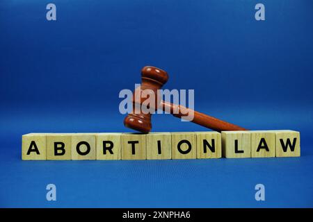 Lettere dell'alfabeto della legge sull'aborto con blocchi di legno lettere dell'alfabeto e martelletto su sfondo blu Foto Stock