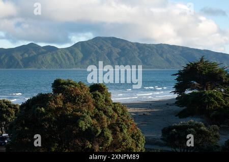 Vista dell'isola di Kapiti dai giardini marini di Raumati a Kapiti, nuova Zelanda Foto Stock