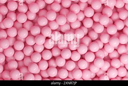 Sfondo rosa pastello con molte sfere di plastica o vetro lucide. illustrazione di rendering 3d. Foto Stock