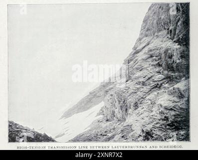 TUBAZIONE DI TRASMISSIONE AD ALTA TENSIONE TRA LAUTERBRUNNEN E SCHEIDEGG. Dall'articolo LA FERROVIA ELETTRICA TRIFASE JUNGFRAU. Di Ernest Kilburn Scott. Dalla rivista Engineering dedicata al progresso industriale volume XIX 1900 The Engineering Magazine Co Foto Stock