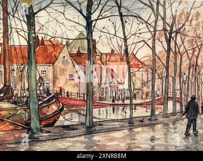 The Harbour, the Hague color Illustration from ' Holland' series by Nico Jungman Nicolaas Wilhelm Jungmann (in Inghilterra spesso scritto Jungman; 5 febbraio 1872 – 14 agosto 1935) è stato un pittore anglo-olandese di paesaggi e soggetti figurativi, un illustratore di libri e decoratore. Pubblicato nel 1913 Foto Stock