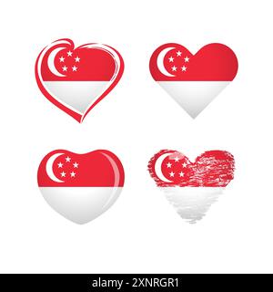 Collezione di cuori di Singapore. Amo Singapore, benvenuto a Singapore icone creative. Logo turistico. Modello di branding per club sportivo. Immagine Illustrazione Vettoriale