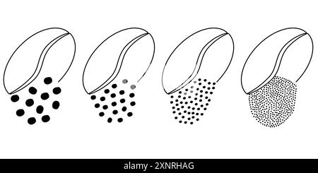 Pittogramma dei chicchi di caffè tostati con cartoni animati. Macinatura in chicchi di caffè, tabella delle dimensioni grani. Per tazza o tazza. Per il caffè. Avanzamento approssimativo, medio o fine Illustrazione Vettoriale