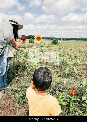 Donna e bambino che raccolgono fiori in un campo sotto un cielo nuvoloso. Foto Stock