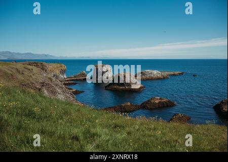 Ammira le rocce aspre di Gatklett, Islanda, con l'oceano azzurro Foto Stock