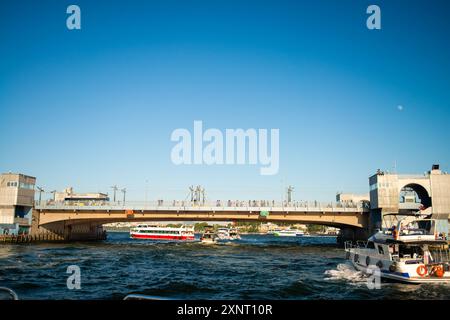 Una vista accattivante dello storico Ponte Galata di Istanbul, con yacht ormeggiati in primo piano, che mostrano la miscela di moderna attività marittima a. Foto Stock