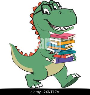 Divertente cartone animato di un dinosauro intelligente felice che cammina con libri in mano con una citazione intelligente. Illustrazione vettoriale per stampa tshirt su richiesta Illustrazione Vettoriale