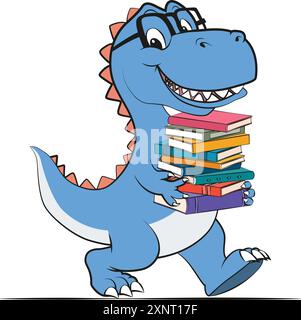 Divertente cartone animato di un dinosauro intelligente felice che cammina con libri in mano con una citazione intelligente. Illustrazione vettoriale per stampa tshirt su richiesta Illustrazione Vettoriale