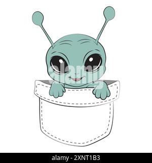 Piccolo alieno carino in tasca. Illustrazione vettoriale per maglietta, sito Web, stampa, clip art, poster e stampa su richiesta. Illustrazione Vettoriale