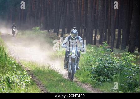 Motociclista professionista con equipaggiamento completo, in sella a una bici enduro in natura, guida su strada sterrata, gara motociclistica. Torneo fuoristrada. Foto Stock