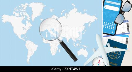 San Marino è ingrandita su una mappa del mondo, con illustrazione di aeroplano, passaporto, carta d'imbarco, bussola e occhiali da vista. Illustrazione vettoriale. Illustrazione Vettoriale