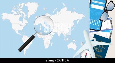 La città del Vaticano è ingrandita su una mappa del mondo, illustrazioni con aereo, passaporto, carta d'imbarco, bussola e occhiali da vista. Illustrazione vettoriale. Illustrazione Vettoriale