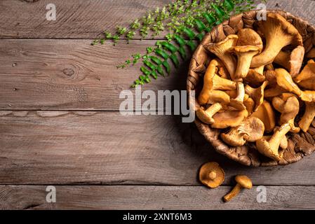 Funghi canterelle in cestello su sfondo in legno, vista dall'alto, spazio per fotocopie. I funghi della foresta e i lampadari pronti a cucinare. Foto Stock