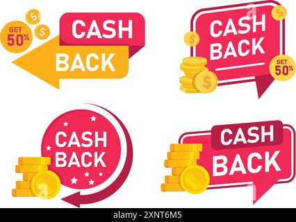 Icone cashback in stile piatto. Illustrazione vettoriale dell'etichetta soddisfatti o rimborsati su sfondo isolato. Il poster Cash Back firma il concetto di business. Illustrazione Vettoriale